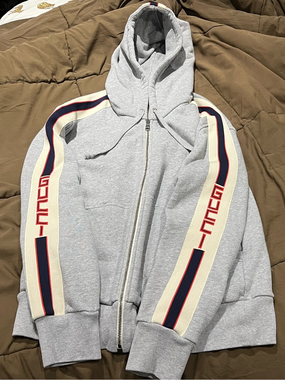 Gucci Light Gray Zip-Up Hoodie with Cream, Navy & Red Stripe